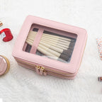 Aveniee XL Clear Makeup Organizer,Double Layer Travel Cosmetic Case with Brush Holder & Zippered Compartments,Big Toiletry Bag for Travel Accessories,2 Layers Large,Pink