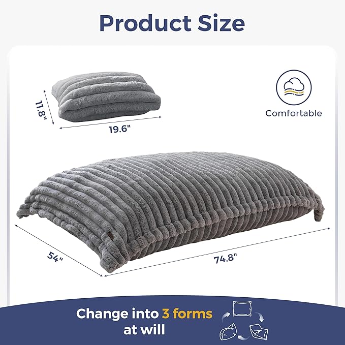 MAXYOYO Giant Bean Bag Chair with Pillow, 3 in 1 Convertible Bean Bag Chair for Adults with Removable Cover, Floor Cushion Stuffed Floor Lounger for Living Room Bedroom, Grey