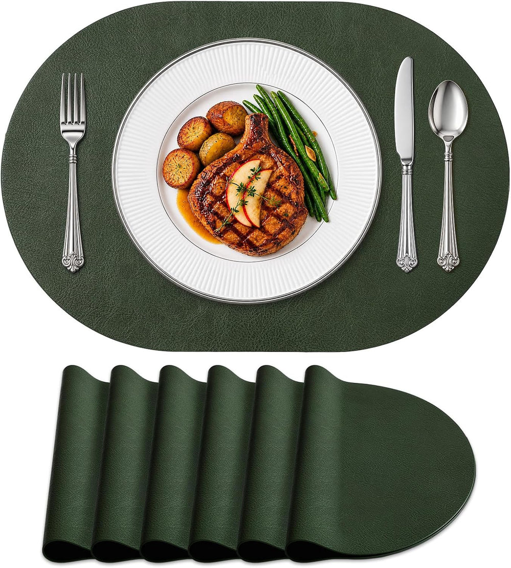 Heat Resistant Oval Placemats Set of 6 Non-Slip, Forest Green
