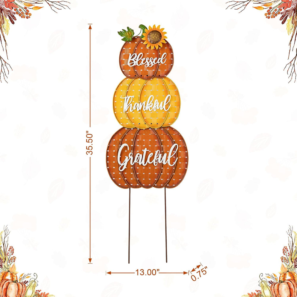 Glitzhome 35.5" H Fall Stacked Pumpkins Yard Stakes,Metal Thanksgiving S...