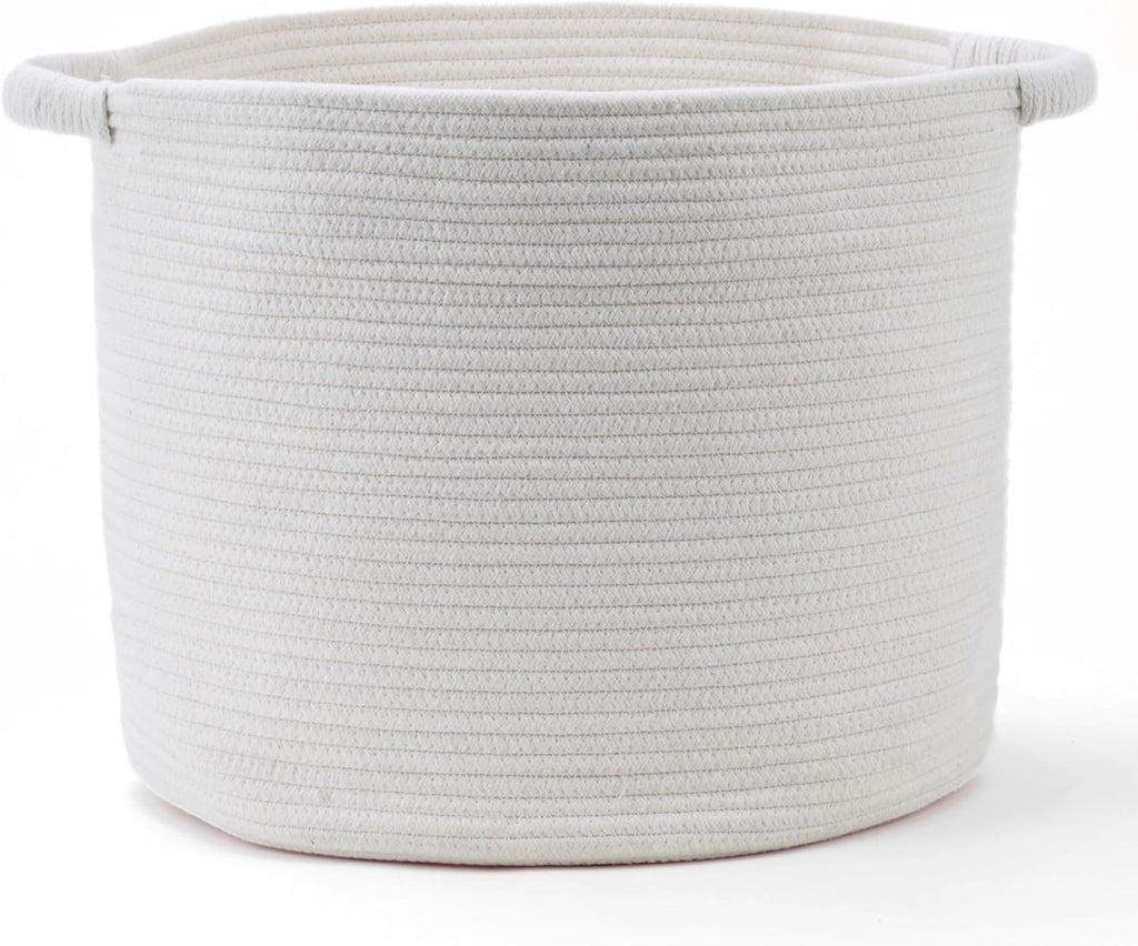 Blanket Basket (16" Dx14 H) - Round Woven Rope Storage for Living Room Throws, Pillows & Laundry- White