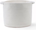 Blanket Basket (16" Dx14 H) - Round Woven Rope Storage for Living Room Throws, Pillows & Laundry- White