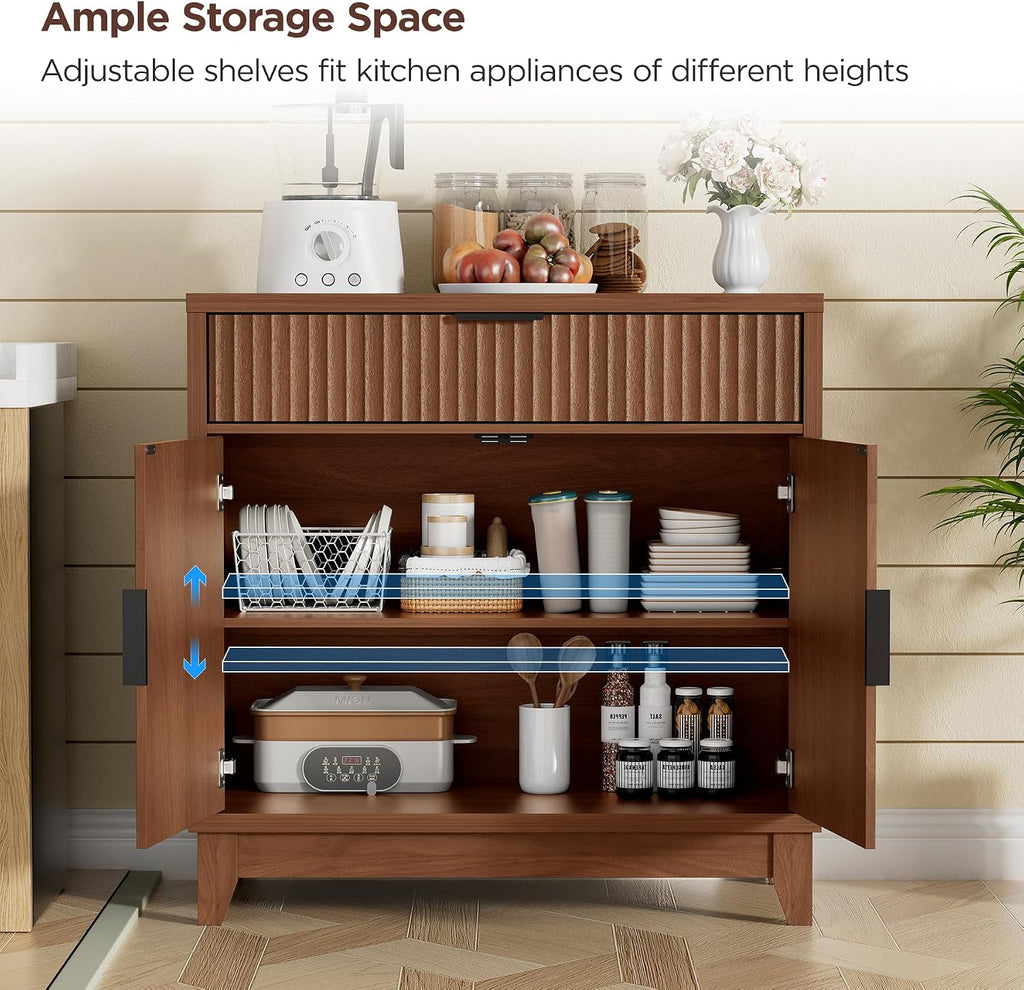 Vabches 32" Fluted Sideboard Buffet Cabinet with Storage, Walnut | Modern Coffee Bar Console Table with Drawer, Fluted Doors & Adjustable Shelf, for Entryway, Living Room, Kitchen, Dining Room