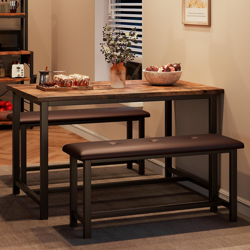 GarveeHome Dining Table Set for 4, Kitchen Table with 2 Upholstered Benches, ...