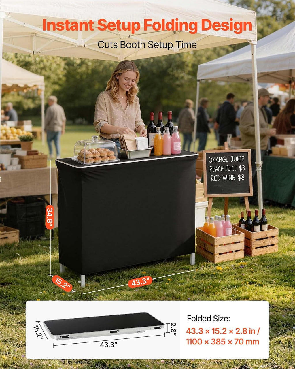 VEVOR Folding Portable Bar Table, 43.3 x 15.4 x 34.6 in, with Carry Bag, Storage Shelf, and Detachable Skirt, Quick and Easy Setup, Foldable Mobile Bartending Station for Events, Party, Tradeshow
