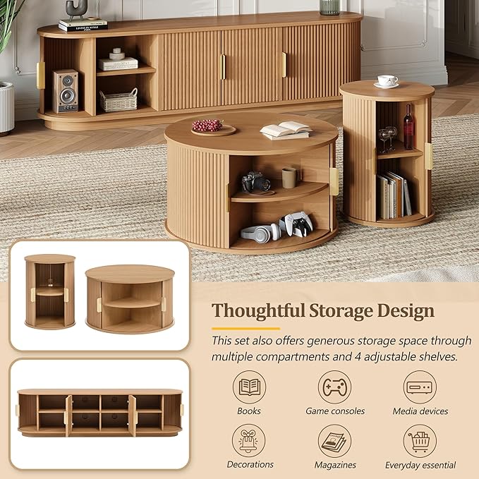 Wooden TV Stand & Coffee Table Set with Fluted Sliding Door for TVs up to 75", Golden Handles Media Console with Cable Hole, Farmhouse Round Center Table for Living Room, Natural, Teak