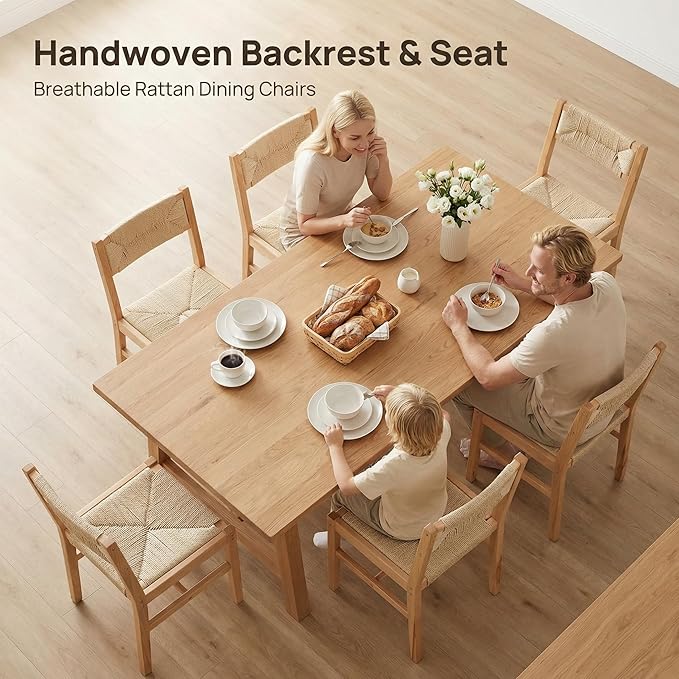 Mid Century Modern Rattan Dining Chairs Set of 4, Farmhouse Natural Beechwood Woven Dining Room Chairs, Boho Armless Cane Kitchen Wicker Chair Wooden Dining Chairs with Weave Hemp Seat and Back