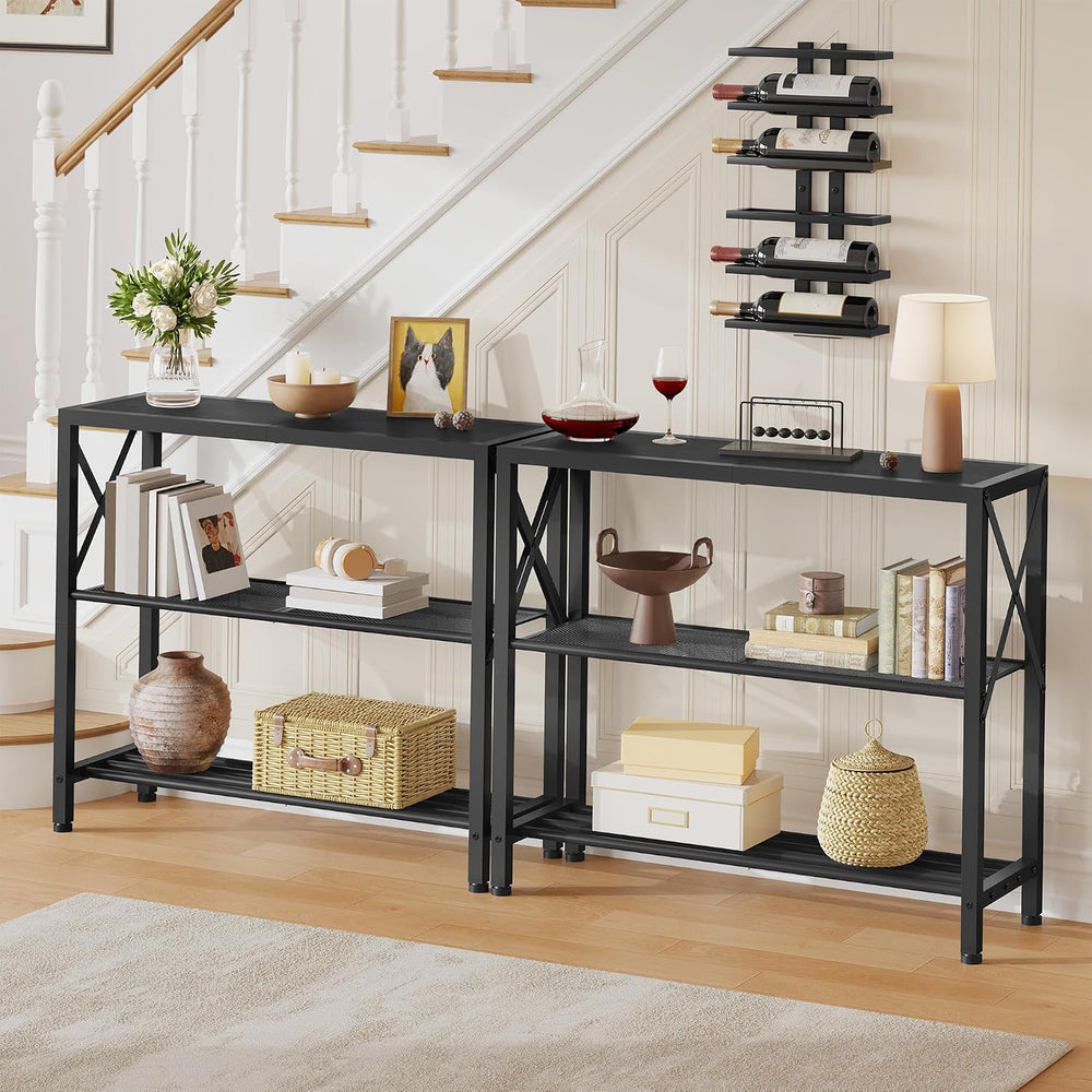 Hoctieon Set of 2 Industrial Console Table, 3 Tier Entryway Table, Metal Fram...