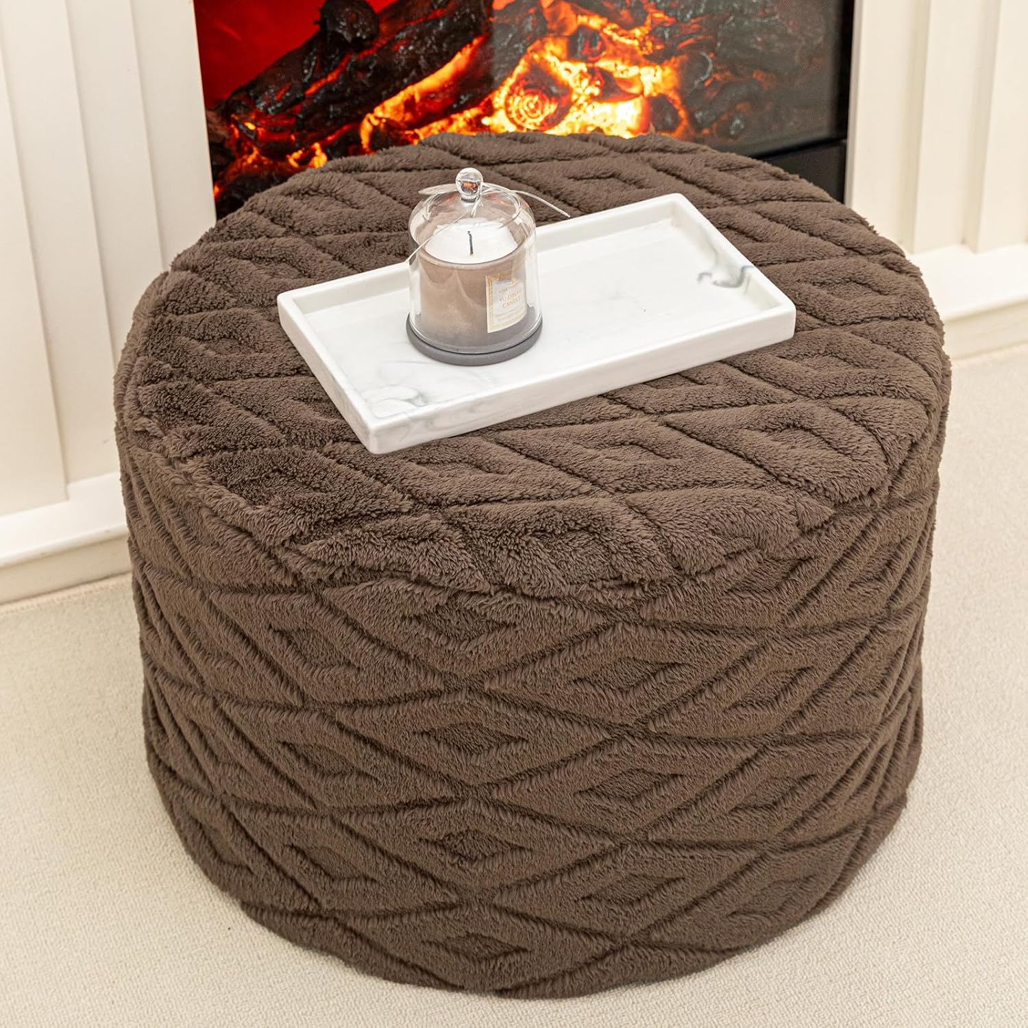 Round Pouf Ottoman Footstool 20x14In Ottoman Footrest for Couch Dark Coffee | All-One Foam Pouf, Ottoman Coffee Table,Couch Foot Rest,Chair Footrest,Remov. Cover, Perfect for Living Room, Bedroom & Dorm