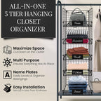 DECOLURE 5-Tier Adjustable Hanging Closet Organizer – Maximize Hanging Storage w/ 4 Hanging Hooks, 8 S Hooks & 5 Name Plates - Sturdy Foldable Wire Storage Hanging Shelves for Clothes, Towels (Black)