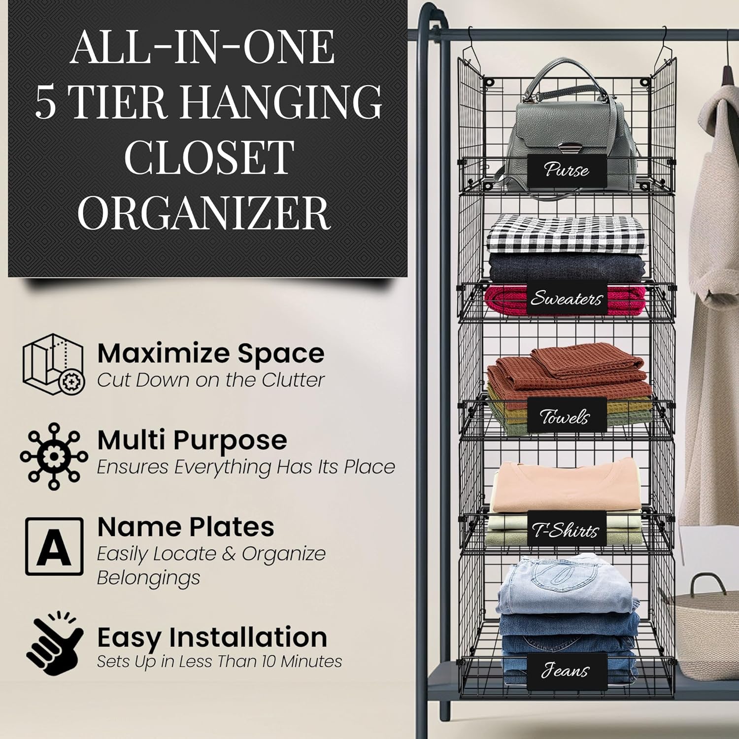 DECOLURE 5-Tier Adjustable Hanging Closet Organizer – Maximize Hanging Storage w/ 4 Hanging Hooks, 8 S Hooks & 5 Name Plates - Sturdy Foldable Wire Storage Hanging Shelves for Clothes, Towels (Black)