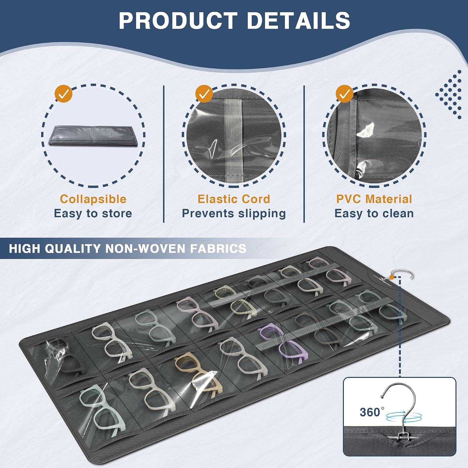 Hanging Sunglasses Organizer and Storage, 32 Slots Jewelry Holder, Gray | Protect eyewear from dust with double-sided clear compartments; roof design hangs on wall, door or closet for home/RV travel.