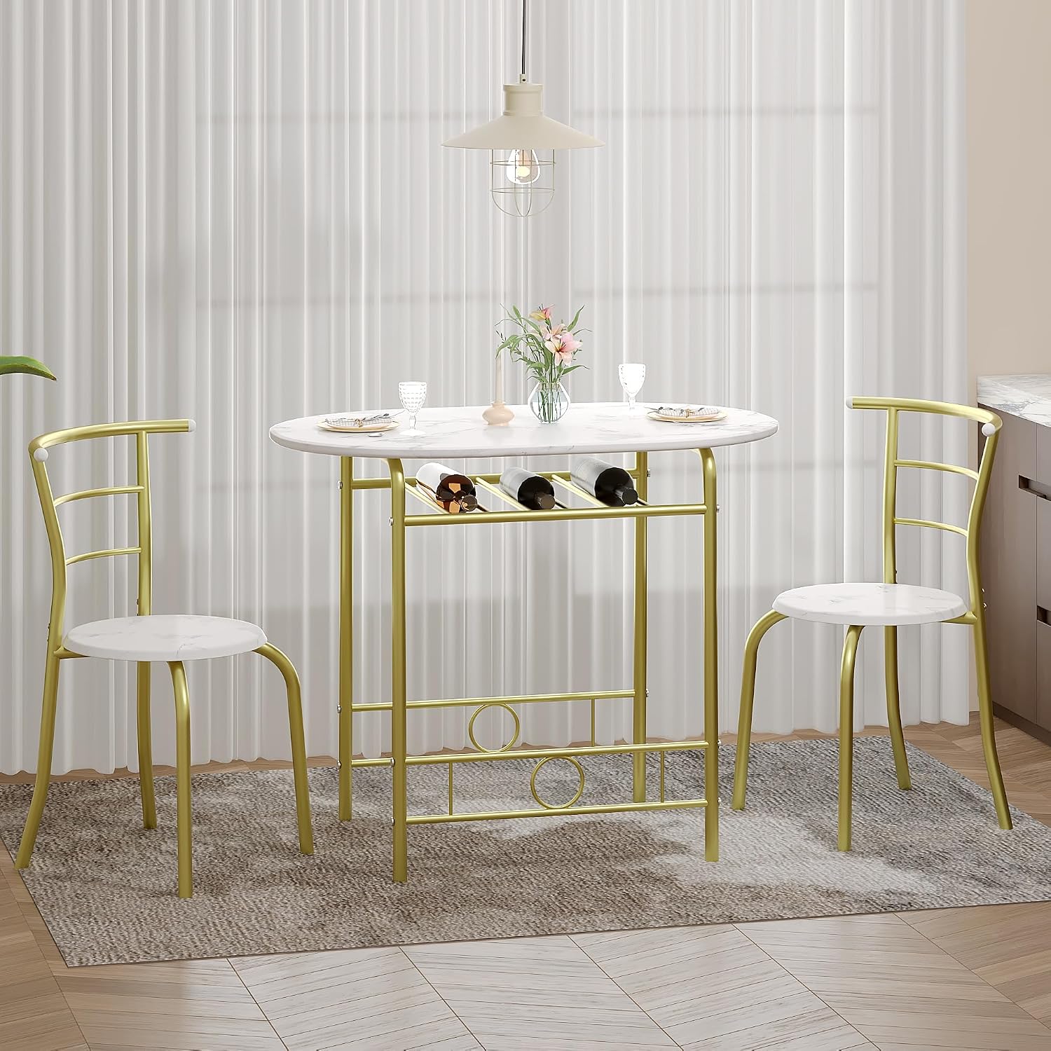 VECELO 3-Piece Dining Table Set for Kitchen Breakfast Nook, Wood Grain Oval Tabletop and Metal Frame with Built-in Wine Rack, for Small Spaces, White & Gold