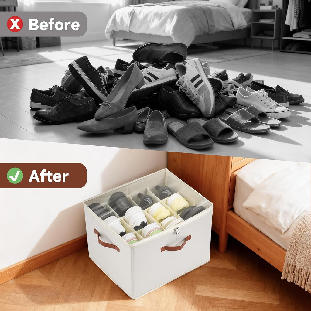 2-Pack Shoe Organizer for Closet, Foldable Shoe Storage Container with Adjustable Dividers & Clear Lid, Holds Up to 12 Pairs, Space-Saving Shoe Boxes, White
