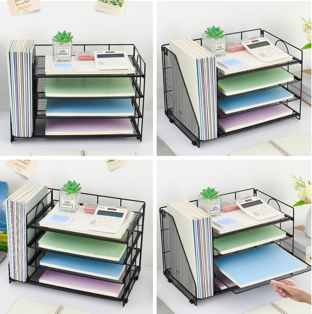 OPNICE 4-Tier Paper Organizer with Magazine Holder, Desk Organizers and Accessories, Office Desk Accessories & Workspace Organizers, Desktop File Organizer for Office Supplies Storage, Black