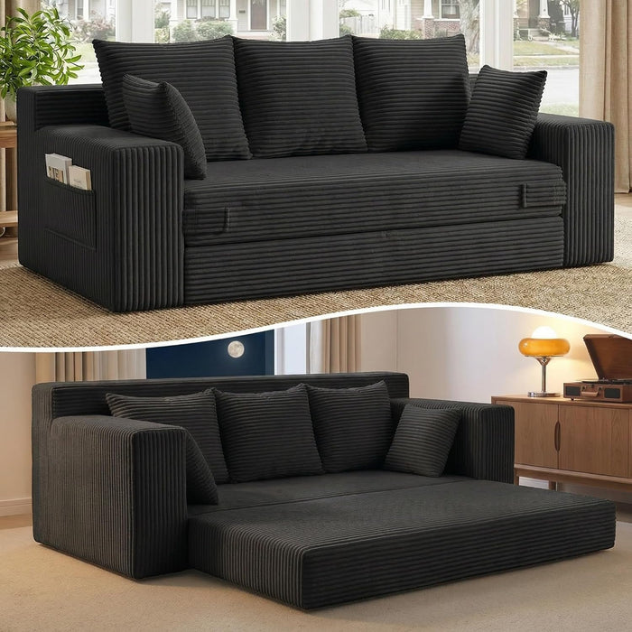 JUIKURY Couches 70 inch: 3-in-1 Convertible Sofa Bed Futon Couch Bed, Oversized Loveseat Sleeper Sofa with 5 Pillows, Black Small Couch for Living Room, Bedroom & Small Space