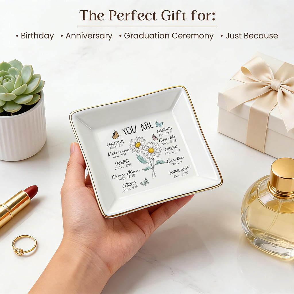 PUDDING CABIN Birthday Gifts for Women, Daisy Scripture Jewelry Dish, Christian Gifts