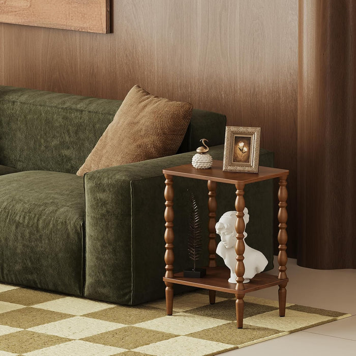 Small Side Table - 2-Tier Wood End Table with Storage Shelf for Living Room, Vintage Night Stand for Bedroom Small Spaces, Rectangle Accent Table with Spindle Legs, Walnut
