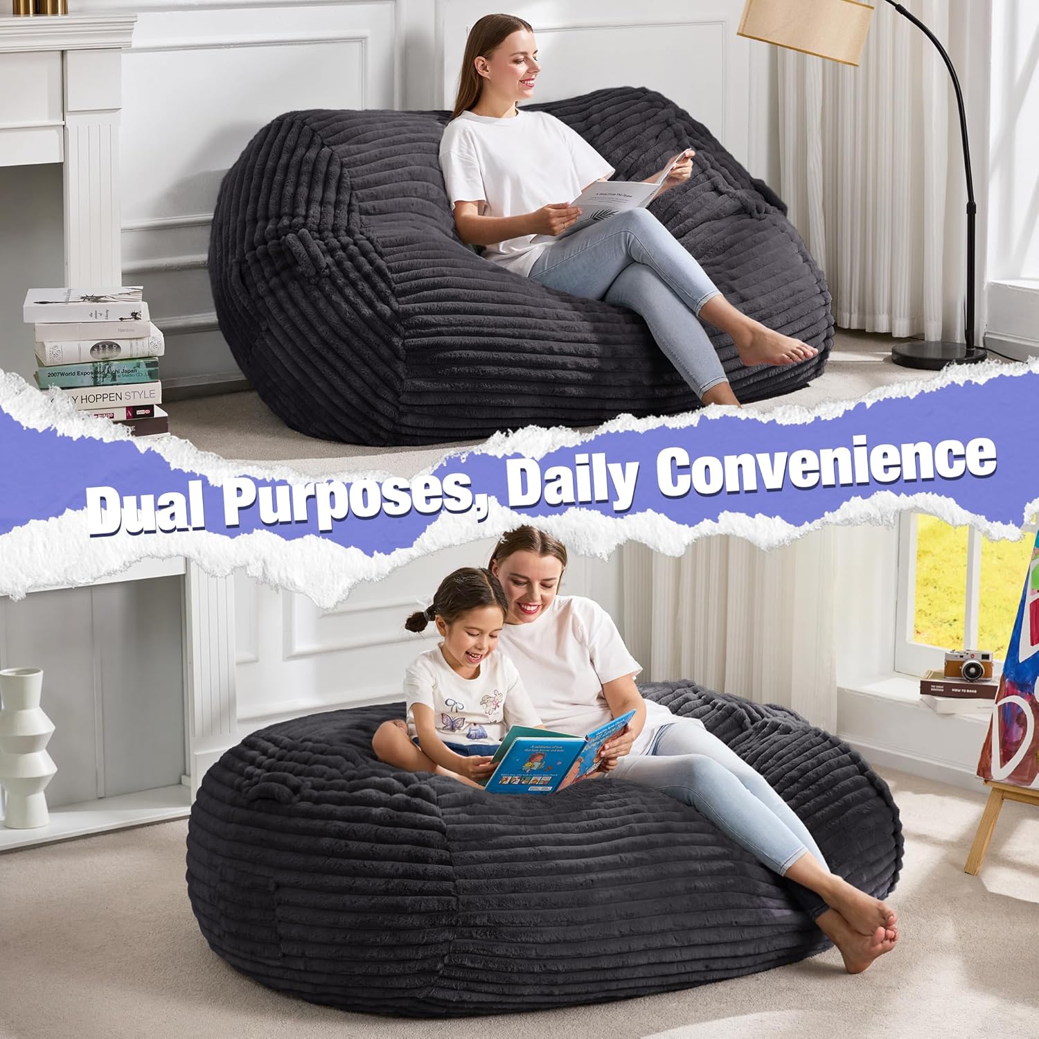 Hobestluk 4FT Bean Bag Chairs Adult Bean Bag with Portable Handle Comfy Large Bean Bag Chair with Removable Cover for Living Room Bedroom or Reading Nook (Stripe Dark Grey, 4FT)