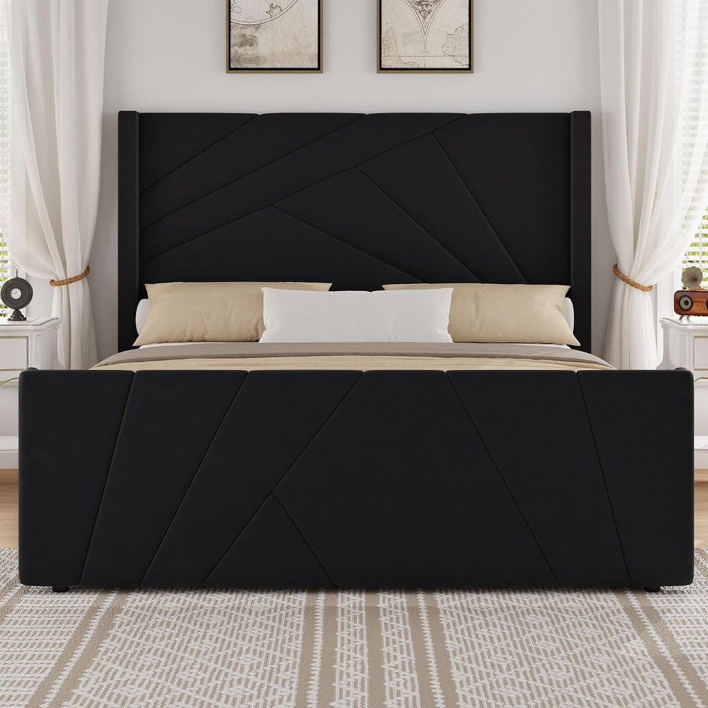 BarnFurin Queen Bed Frame with Geometric Wingback Headboard, Black