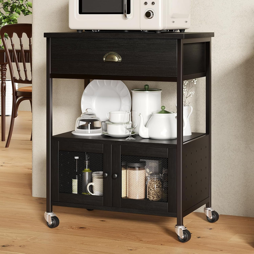 Catrimown Coffee Bar Cart Cabinet,3 Tier Coffee Station Table on Wheels,Coffee Cart with Storage for Home Kitchen, Liquor Buffet Sideboard Cabinet, Black