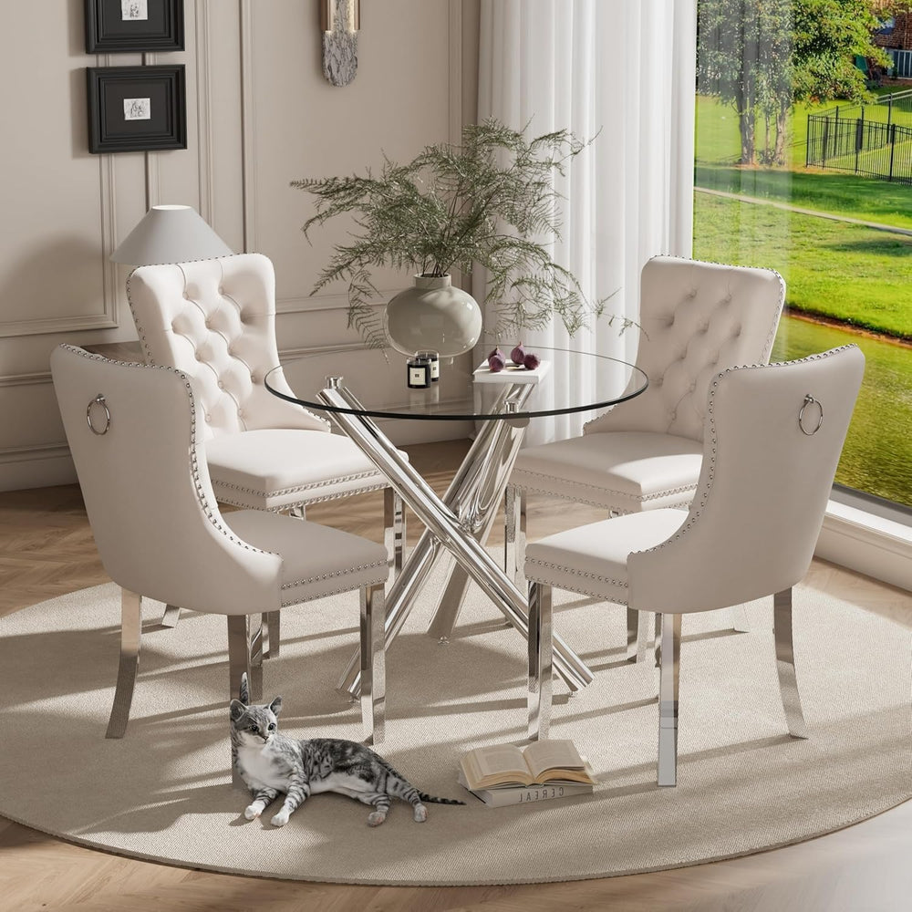 Round Glass Dining Room Table for 2-3, Modern Tempered Glass Top, Sturdy Chro...