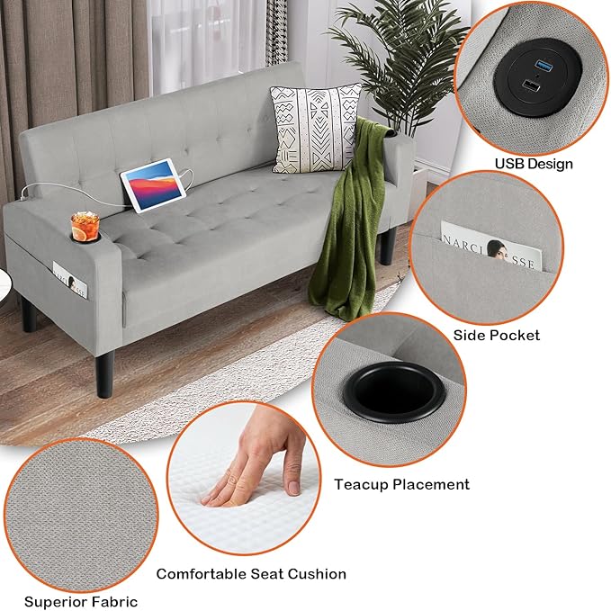 AILEEKISS 3 Piece Living Room Sofa Set Loveseat Sofas Sets with 2 USB,Cup Holders,Side Pocket, Modern Fabric 3 Pcs Sectional Couches Set for Apartment,Office,Bedroom (2-Seat+1-Seat+1-Seat, Light Grey)