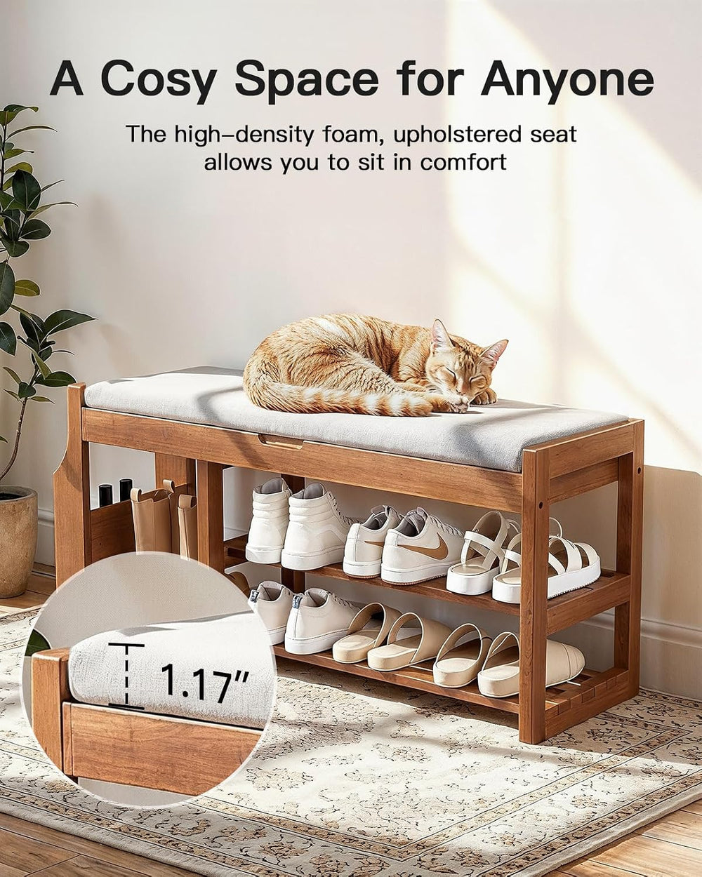 Pipishell 34" Pine Wood Shoe Bench Entryway with Soft Cushion and Storag...
