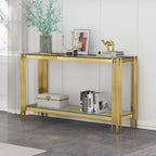 55” Rectangle Glass Console Table, 2-Tier Sofa Table with Clear Tempered Glass Top Golden Mirrored Stainless Steel Legs, Modern Luxury Narrow Entryway Table with Lower Shelf for Living Room