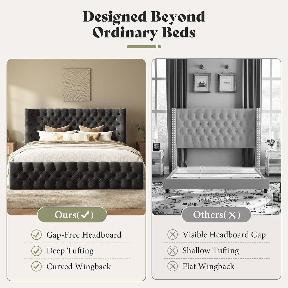 AMERLIFE Upholstered Queen Bed Frame with Wingback Headboard, Black Velvet