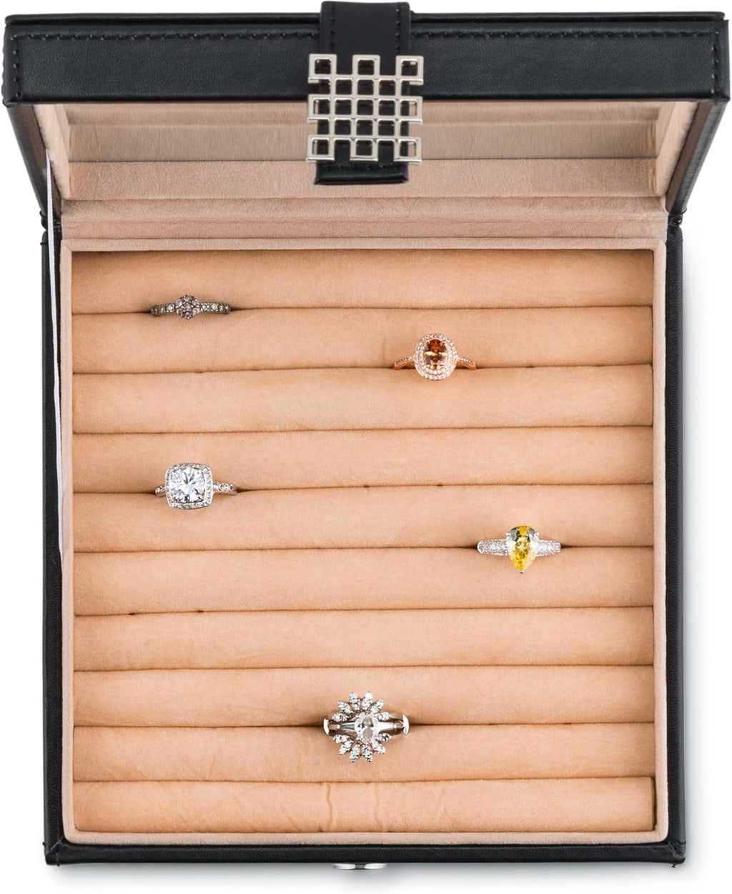 Glenor Co Ring Box Organizer - 54 Slot Classic Jewelry Display Case Holder - Storage Tray with Modern Buckle Closure, Large Mirror - for Rings and Cufflinks - Small for Travel - PU leather - Black