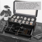 ROTHWELL 12 Slot Leather Watch Box with Valet Drawer - Luxury Watch and Jewelry Case Display Organizer, Microsuede liner, Mens Locking Storage Holder Large Glass Top (Black/Grey)
