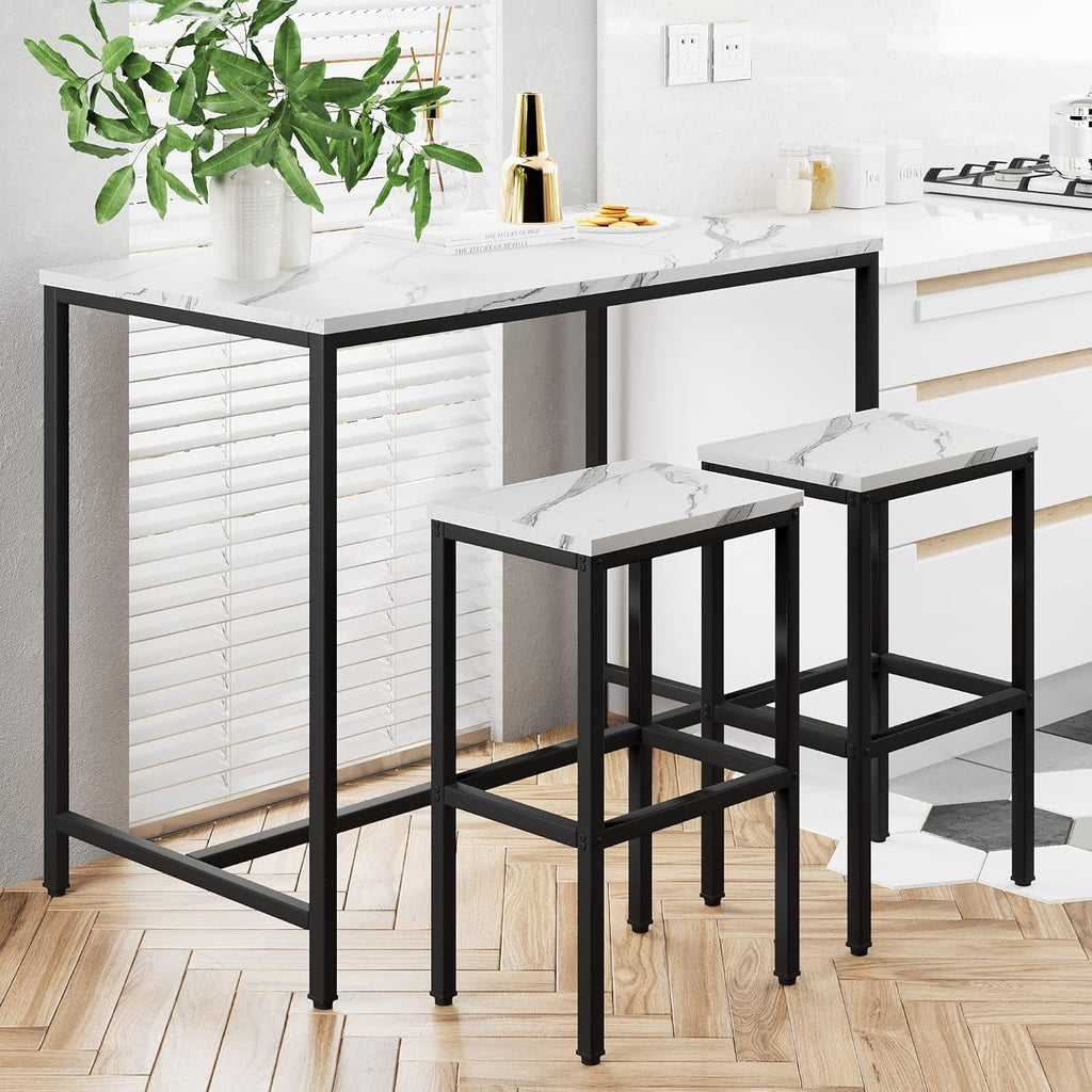 Yongchuang 3 Piece Bar Table Set, White Bar Table and Chairs Set for 2, Modern Counter Height Bar Table with 2 Stools for Kitchen, Dining Room High Top Breakfast Table Faux Marble Wood Top