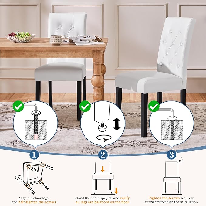 Yaheetech Dining Chairs Set of 6 Modern Style Faux Leather Dining Room Chairs with Solid Wood Legs and Button Tufted Padded for Home Kitchen, White