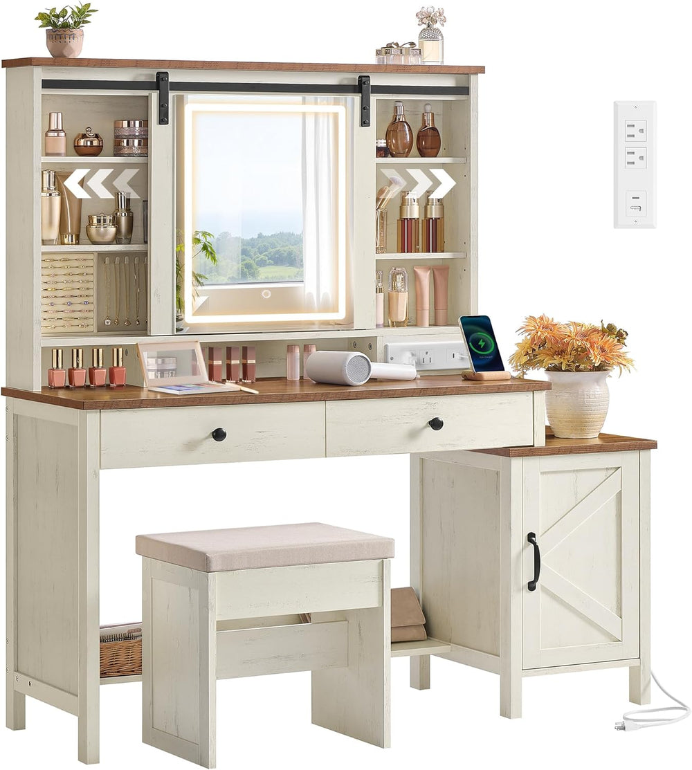 VASAGLE Farmhouse Vanity Desk with Mirror and Lights, Stool, 2 Drawers | Make...