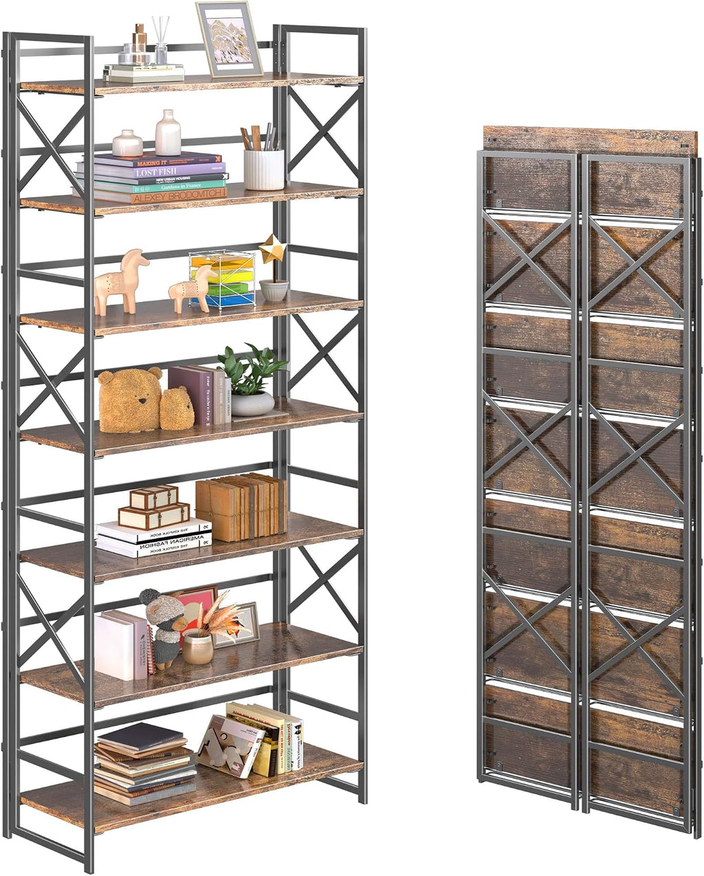 4NM 7 Tiers No Assembly Book Shelves, 72.4" H Folding Bookshelf Bookcase Open Industrial Foldable Shelves for Bedroom, Living Room, Home Office - Rustic Brown Black