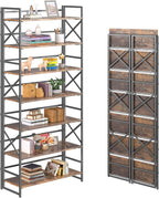 4NM 7 Tiers No Assembly Book Shelves, 72.4" H Folding Bookshelf Bookcase Open Industrial Foldable Shelves for Bedroom, Living Room, Home Office - Rustic Brown Black