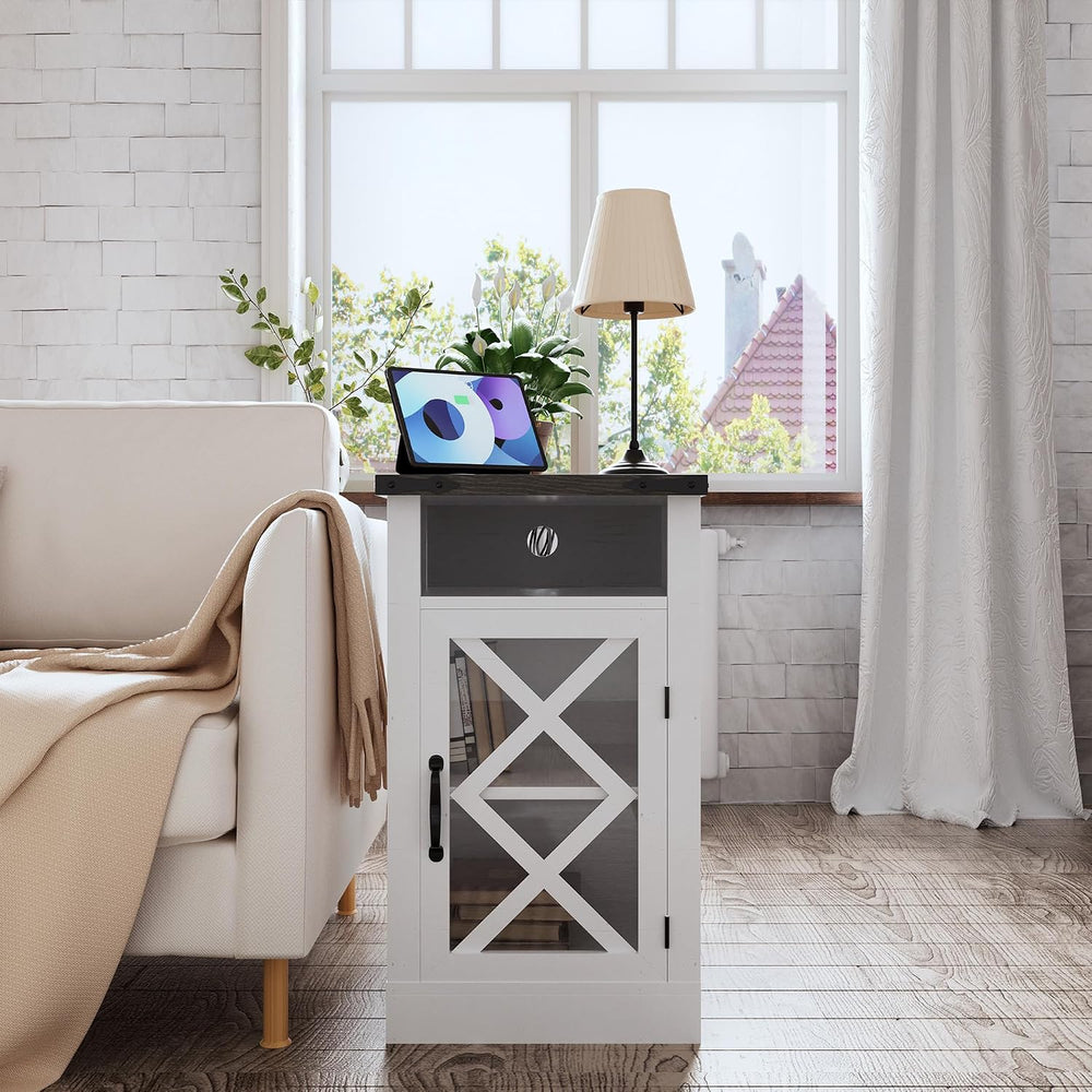Clihome End Table with Charging Station, 15.4'' Rustic Nightstand wit...