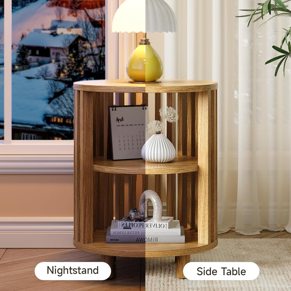 Round End Table, Wood Bedside Table, Mid Century Modern Nightstand with Open ...