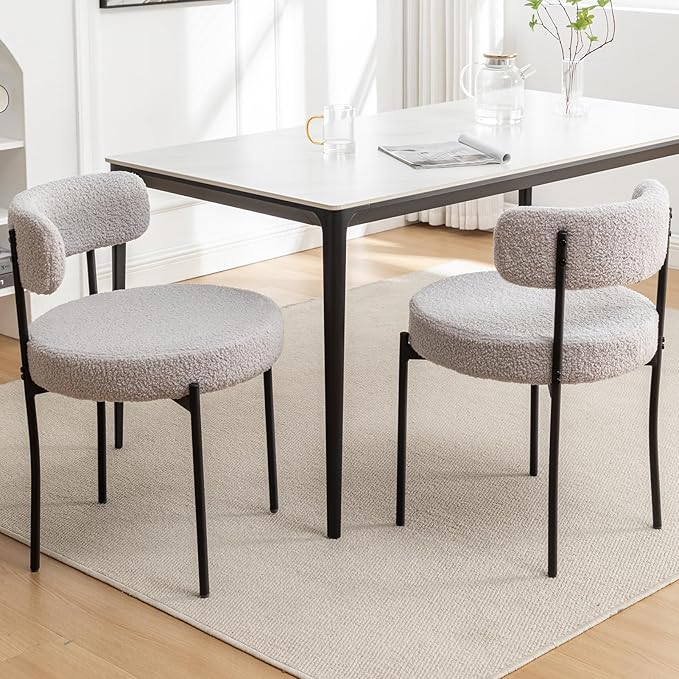Boucle Dining Chairs Set of 2, Mid Century Modern Dining Room Chairs with Metal Legs, Upholstered Kitchen Chairs for Dining Room, Kitchen (Light Grey)