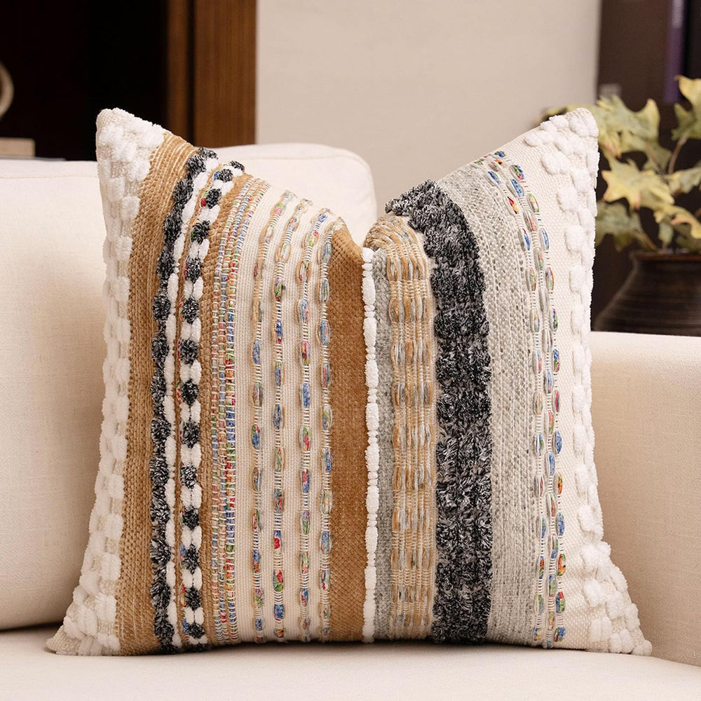 Boho Chenille Tufted Throw Pillow Covers 18x18 Inch Set of 2 Farmhouse Brown ...