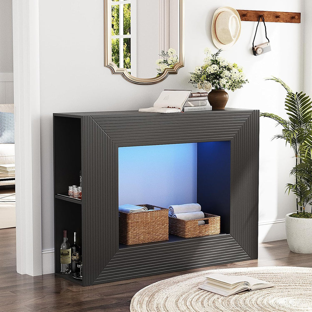 VINGLI 43" Fluted Entryway Table with Storage Shelves and Lights, Black ...