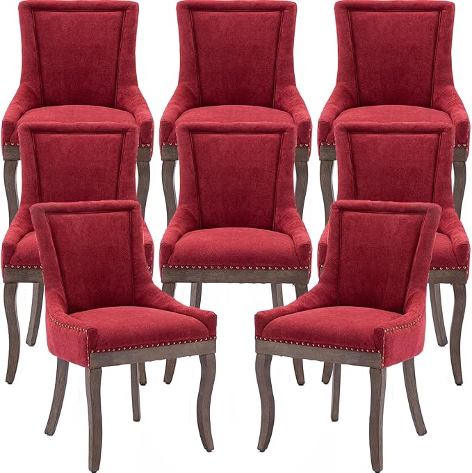 Burgundy Dining Chairs Set of 8, Kitchen & Dining Room Chairs, Fabric Upholstered Dinning Chairs, Sillas De Comedor, Nailhead Trim, Wood Legs (Red, 8 Pcs)