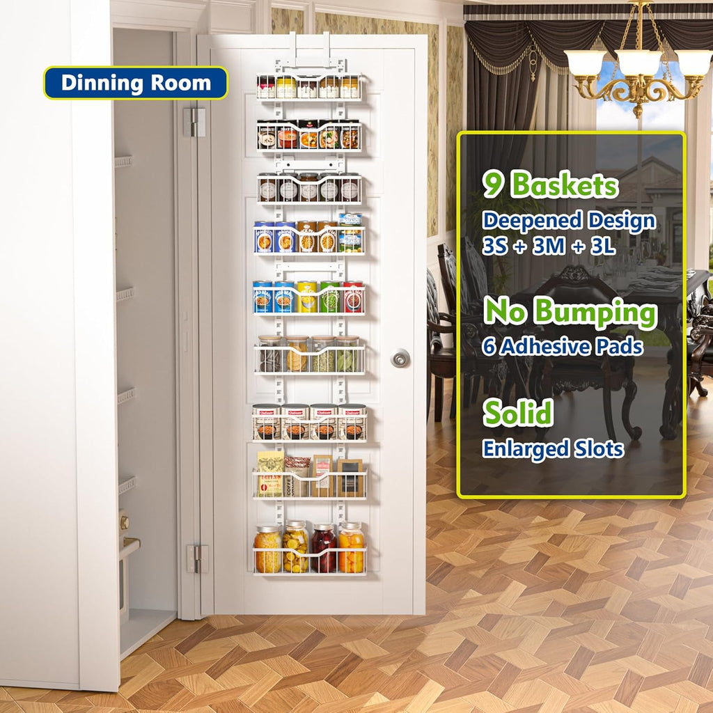 EVERIE 9-Tier Over the Door Storage Rack, Metal Hanging Organizer with Heightened Plate Bottom Baskets and Enlarged Hanging Slots, Kitchen Pantry Shelves