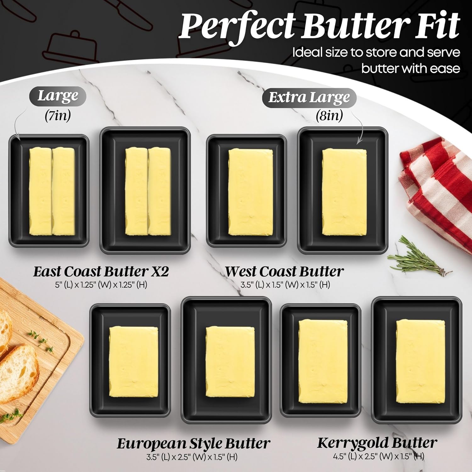 Flexzion Ceramic Black European Butter Dish with Lid for Countertop (8 Inch) - Wide 2 Stick Double Butter Holder for Counter, Cream Cheese Container Storage Keeper