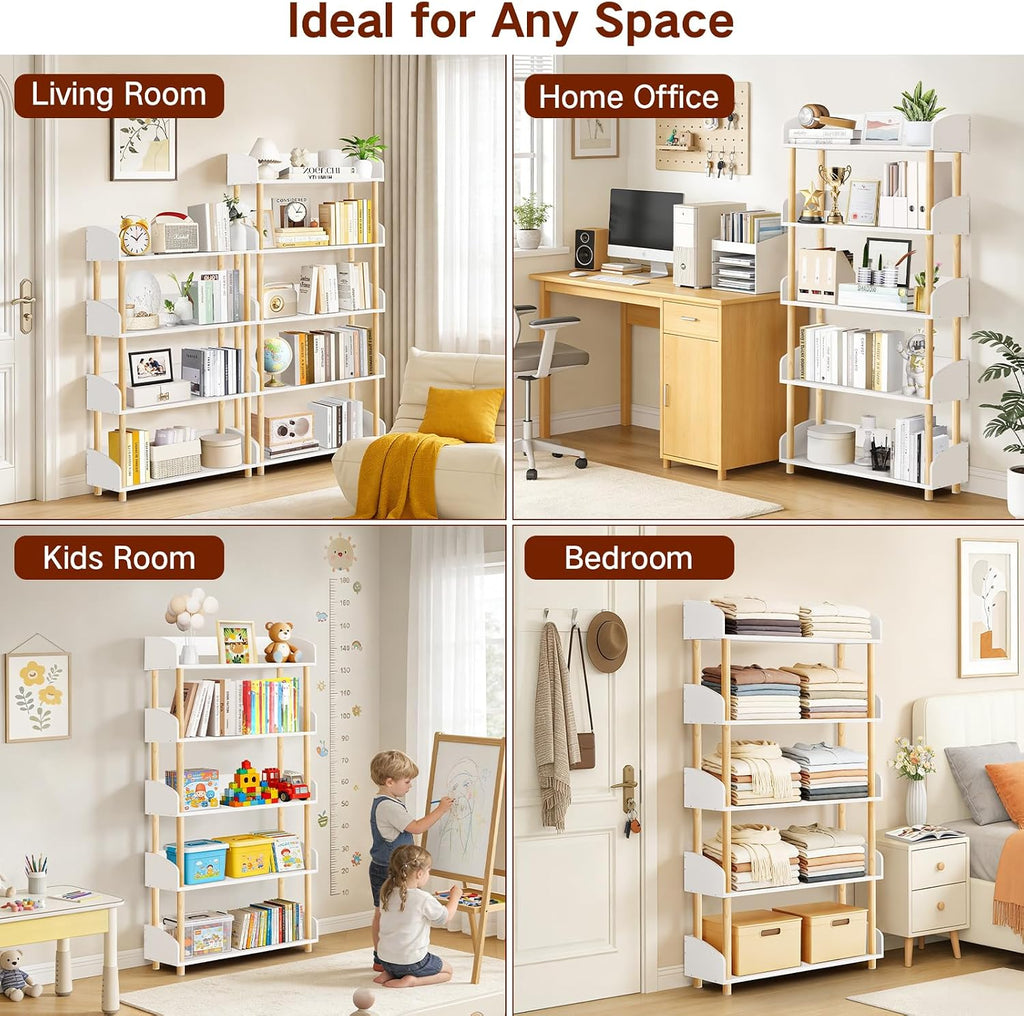 5-Tier Wooden Bookshelf, Modern Open Bookcase with Solid Wood Frame and Top Edge, Sturdy Freestanding Storage Organizer for Living Room, Bedroom, Home Office (White)