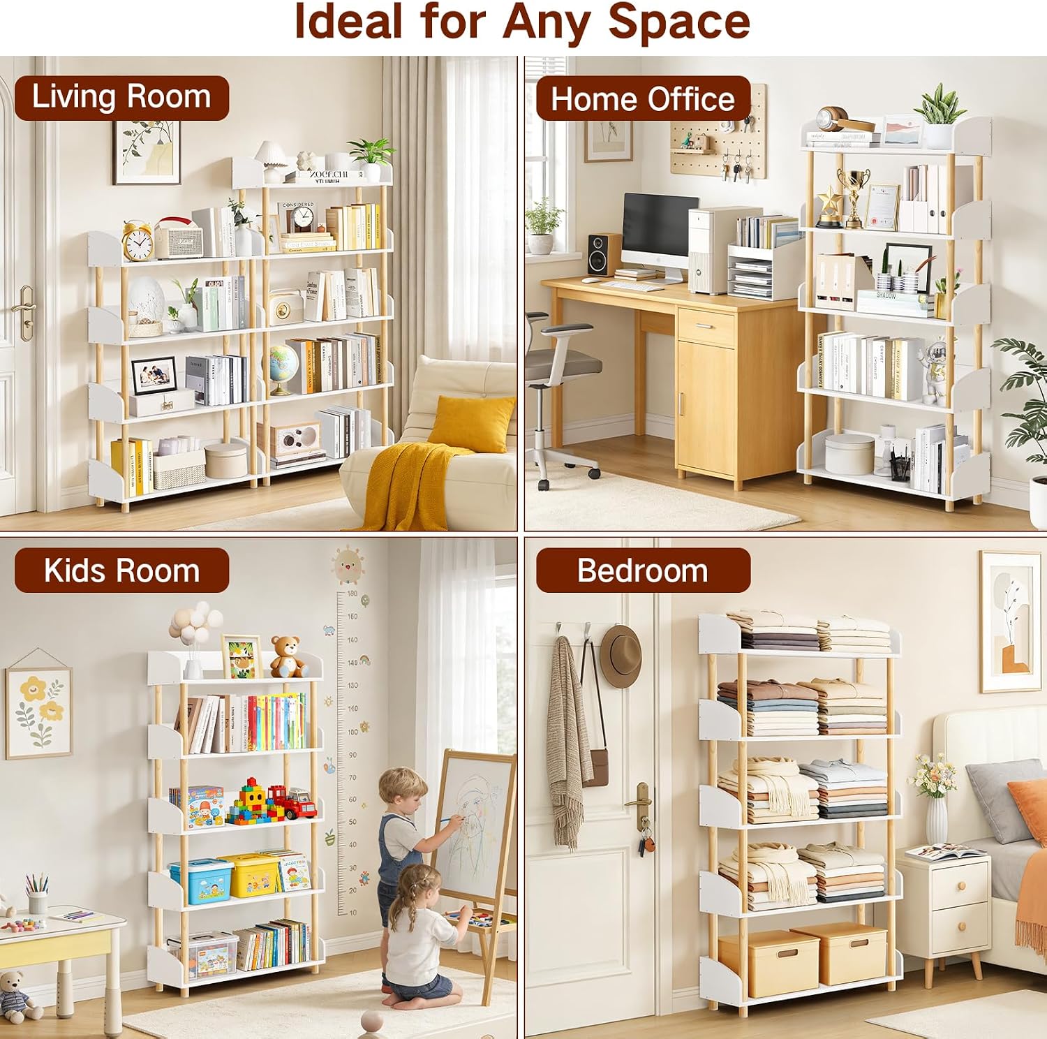5-Tier Wooden Bookshelf, Modern Open Bookcase with Solid Wood Frame and Top Edge, Sturdy Freestanding Storage Organizer for Living Room, Bedroom, Home Office (White)