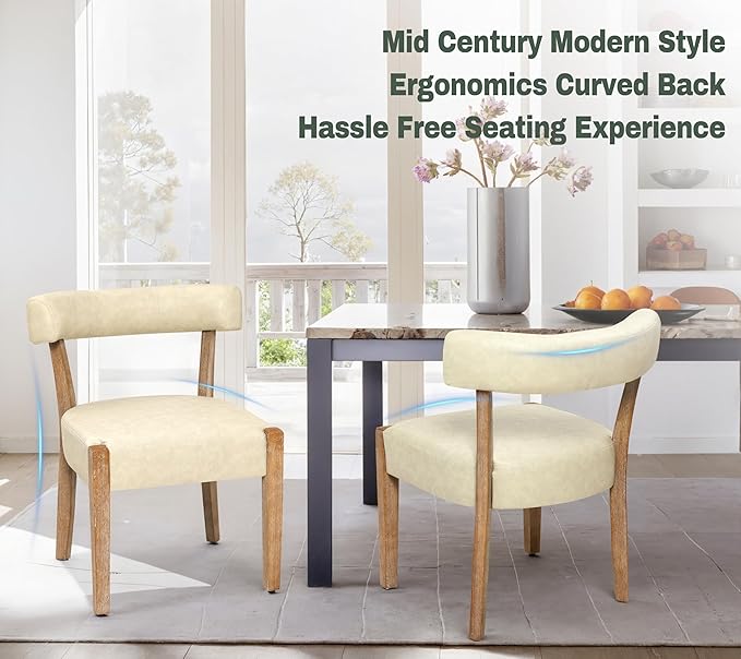 Modern Dining Chairs Set of 2, Faux Leather Upholstered Kitchen & Dining Room Chairs, Mid Century Modern Wooden Dining Chairs Oversized Sturdy Rounded Chairs Curved Back, Beige
