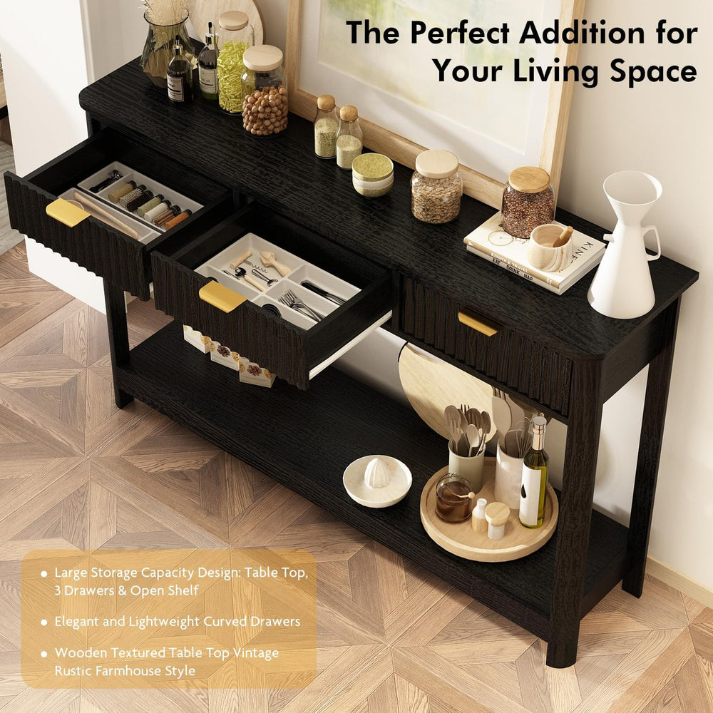 RUSTOWN Fluted Wood Console Table with 3 Drawers, Boho Narrow Behind Couch En...