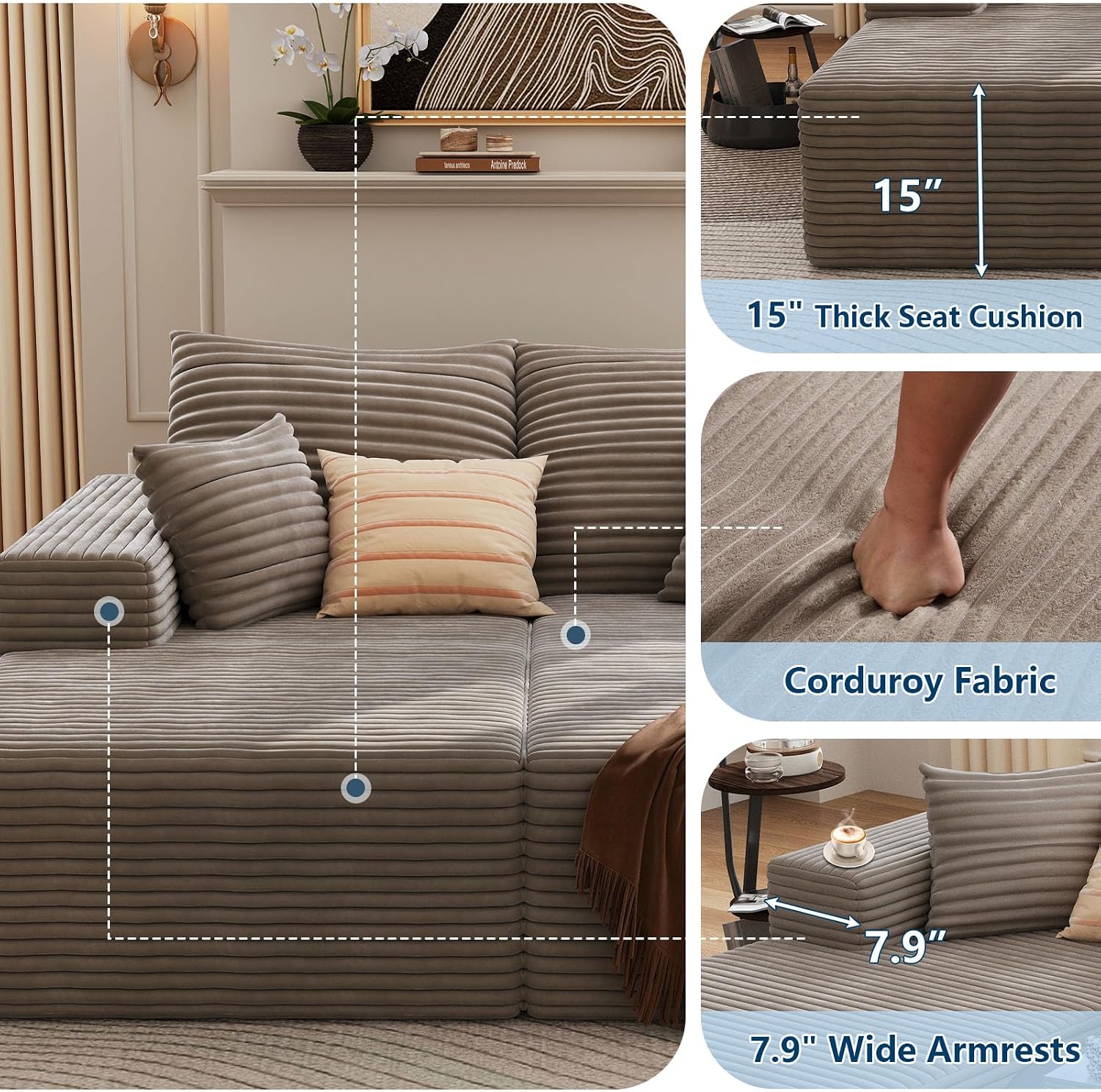 72" Oversized Double Chaise Lounges Indoor, Upholstered Corduroy Oversized Chaise Lounge Chair, Modern Sleeper Loveseat Chair Boneless Cloud Couch for Living Room Bedroom Reading (Camel)